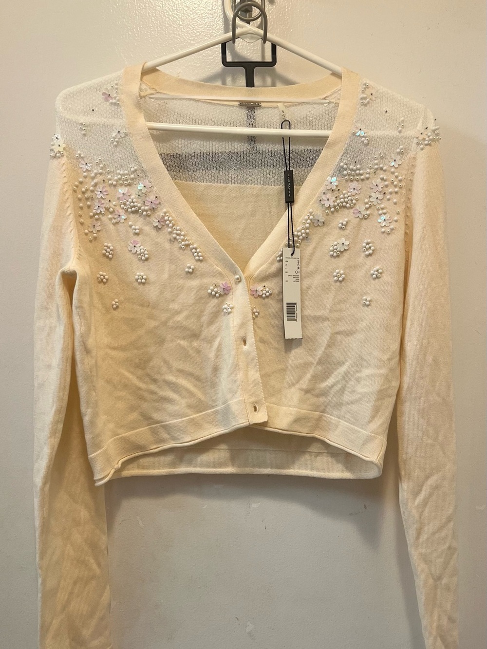 Elie Tahari Cream Embellished V-Neck Cropped Cardigan
